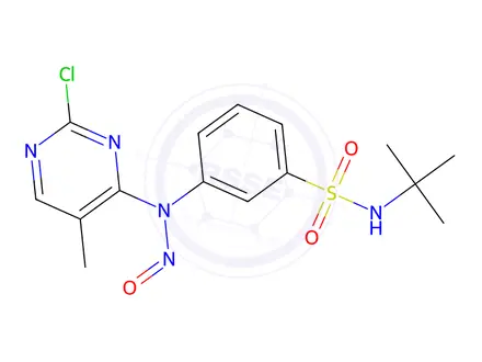 Chemical structure of N-(tert-butyl)-3-((2-chloro-5-methylpyrimidin-4-yl)(nitroso)amino)benzenesulfonamide
