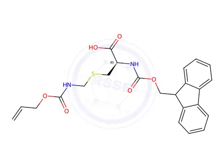 Chemical structure of (2R)-2-({[(9H-fluoren-9-yl)methoxy]carbonyl}amino)-3-({[(prop-2-en-1-yloxy)carbonyl]amino}sulfanyl)propanoic acid