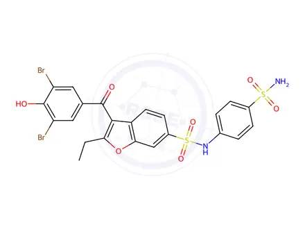 Chemical structure of 3-(3,5-Dibromo-4-hydroxybenzoyl)-2-ethyl-N-(4-sulfamoylphenyl)benzofuran-6-sulfonamide