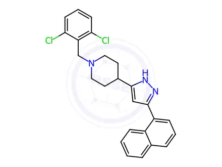Chemical structure of 1-(2,6-dichlorobenzyl)-4-[5-(1-naphthyl)-1H-pyrazol-3-yl]piperidine