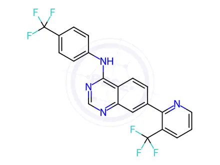 Chemical structure of N-(4-(trifluoromethyl)phenyl)-7-(3-(trifluoromethyl)pyridin-2-yl)quinazolin-4-amine