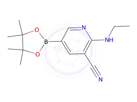 Chemical structure of 2-(ethylamino)-5-(4,4,5,5-tetramethyl-1,3,2-dioxaborolan-2-yl)nicotinonitrile