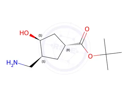 Chemical structure of Tert-butyl (1R,3S,4S)-3-(aminomethyl)-4-hydroxycyclopentane-1-carboxylate