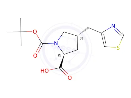 Chemical structure of (2S,4S)-1-(tert-butoxycarbonyl)-4-(thiazol-4-ylmethyl)pyrrolidine-2-carboxylic acid