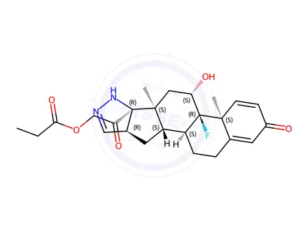 Chemical structure of 9-fluoro-2',16beta-dihydro-11beta,21-dihydroxypregna-1,4-dieno[17,16-c]pyrazole-3,20-dione 21-propionate