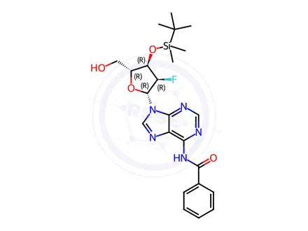 Chemical structure of Adenosine, N-benzoyl-2'-deoxy-3'-O-[(1,1-dimethylethyl)dimethylsilyl]-2'-fluoro-