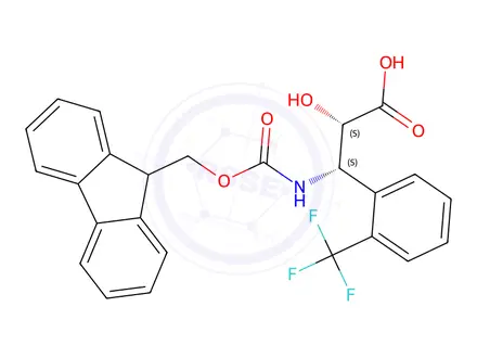 Chemical structure of (2S,3S)-3-((((9H-fluoren-9-yl)methoxy)carbonyl)amino)-2-hydroxy-3-(2-(trifluoromethyl)phenyl)propanoic acid