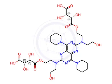Chemical structure of (2S,2'S,3S,3'S)-4,4'-((((4,8-di(piperidin-1-yl)pyrimido[5,4-d]pyrimidine-2,6-diyl)bis((2-hydroxyethyl)azanediyl))bis(ethane-2,1-diyl))bis(oxy))bis(2,3-dihydroxy-4-oxobutanoic acid)
