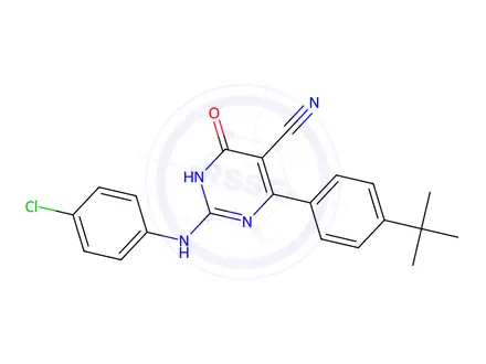 Chemical structure of 4-(4-tert-Butylphenyl)-2-[(4-chlorophenyl)amino]-6-oxo-1,6-dihydropyrimidine-5-carbonitrile