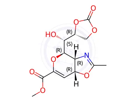 Chemical structure of (3aR,4R,7aR)-3a,7a-Dihydro-4-[(S)-hydroxy[(4R)-2-oxo-1,3-dioxolan-4-yl]methyl]-2-methyl-4H-pyrano[3,4-d]oxazole-6-carboxylic acid methyl ester