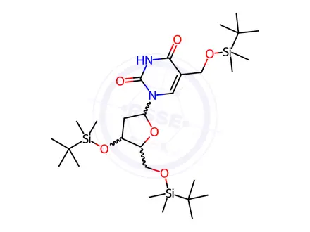 Chemical structure of 3',5'-Bis-O-[(1,1-dimethylethyl)dimethylsilyl]-α-[[(1,1-dimethylethyl)dimethylsilyl]oxy]thymidine