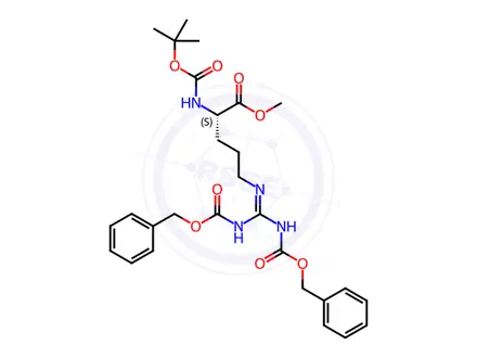 Chemical structure of Methyl (2S)-5-[(1E)-(Cbz-amino),(Cbz-imino)methyl]amino-2-Boc-aminopentanoate