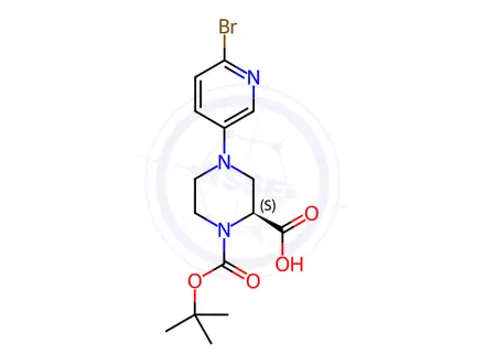 Chemical structure of (S)-4-(6-Bromopyridin-3-yl)-1-(tert-butoxycarbonyl)-piperazine-2-carboxylic acid