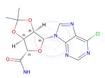 Chemical structure of 1-(6-Chloro-9H-purin-9-yl)-1-deoxy-N-methyl-2,3-O-isopropylidene-beta-D-ribofuranuronamide