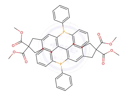 Chemical structure of tetramethyl 6,6'-bis(diphenylphosphanyl)-1,1',3,3'-tetrahydro-2H,2'H-[5,5'-biindene]-2,2,2',2'-tetracarboxylate