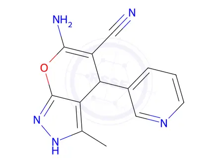 Chemical structure of 6-Amino-3-methyl-4-(3-pyridinyl)-1,4-dihydropyrano[2,3-c]pyrazole-5-carbonitrile