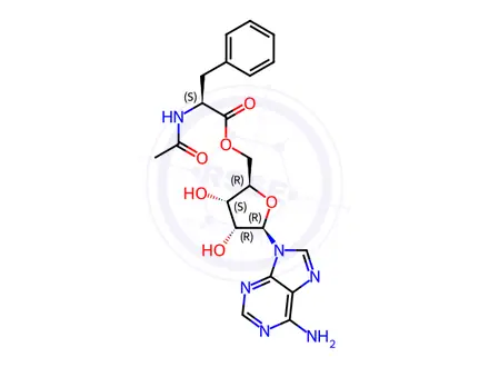 Chemical structure of (2R,3S,4R,5R)-5-(6-Amino-9H-purin-9-yl)-4-hydroxy-2-(hydroxymethyl)tetrahydrofuran-3-yl acetyl-L-phenylalaninate