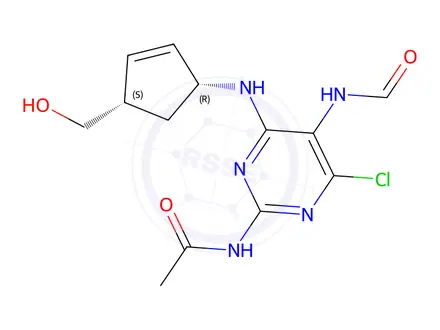 Chemical structure of (1R-4S)-N-[4-Chloro-5-(formylamino)-6-[[4-(hydroxymethyl)-2-cyclopenten-1-yl]amino]-2-pyrimidinyl]acetamide