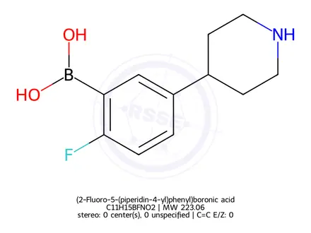 Chemical structure of (2-Fluoro-5-(piperidin-4-yl)phenyl)boronic acid