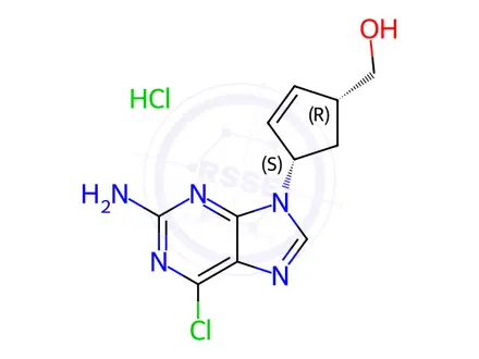 Chemical structure of (1R,4S)-rel-4-(2-Amino-6-chloro-9H-purin-9-yl)2-cyclopentene-1-methanol Hydrochloride