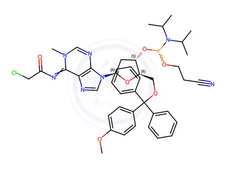 Chemical structure of Adenosine, N-(2-chloroacetyl)-2'-deoxy-5'-O-[(4-methoxyphenyl)diphenylmethyl]-1-methyl-, 3'-[2-cyanoethyl N,N-bis(1-methylethyl)phosphoramidite], (6Z)-