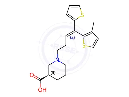 Chemical structure of (R,Z)-1-(4-(3-Methylthiophen-2-yl)-4-(thiophen-2-yl)but-3-en-1-yl)piperidine-3-carboxylic Acid /Desmethyl Tiagabine