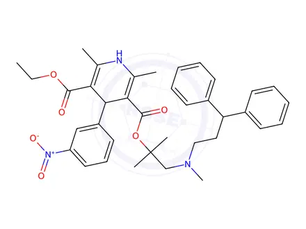Chemical structure of 3-(1-((3,3-diphenylpropyl)(methyl)amino)-2-methylpropan-2-yl) 5-ethyl 2,6-dimethyl-4-(3-nitrophenyl)-1,4-dihydropyridine-3,5-dicarboxylate