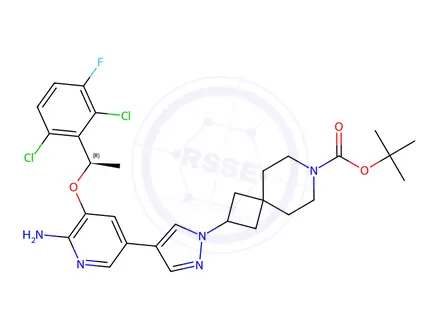 Chemical structure of (R)-tert-Butyl 2-(4-(6-amino-5-(1-(2,6-dichloro-3-fluorophenyl)ethoxy)pyridin-3-yl)-1H-pyrazol-1-yl)-7-azaspiro[3.5]nonane-7-carboxylate
