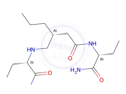Chemical structure of (R)-N-((R)-1-amino-1-oxobutan-2-yl)-3-((((S)-1-amino-1-oxobutan-2-yl)amino)methyl)hexanamide