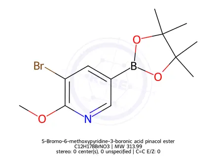 Chemical structure of 3-Bromo-2-methoxy-5-(4,4,5,5-tetramethyl-1,3,2-dioxaborolan-2-yl)pyridine