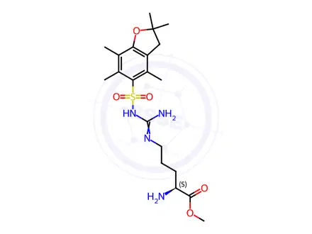 Chemical structure of methyl (2S)-2-amino-5-[[amino-[(2,2,4,6,7-pentamethyl-3H-1-benzofuran-5-yl)sulfonylamino]methylidene]amino]pentanoate