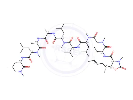 Chemical structure of (4S,5R)-5-((R,E)-Hex-4-en-2-yl)-3-methyl-2-oxo-N-((4S,7S,10R,13S,16S,19S,22S,28S)-4,7,16,22-tetraisobutyl-19-isopropyl-8,10,13,17,23,26-hexamethyl-3,6,9,12,15,18,21,24,27-nonaoxo-2,5,8,11,14,17,20,23,26-nonaazatriacontan-28-yl)oxazolidine-4-carboxamide