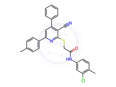 Chemical structure of N-(3-Chloro-4-methylphenyl)-2-((3-cyano-4-phenyl-6-(p-tolyl)pyridin-2-yl)thio)acetamide