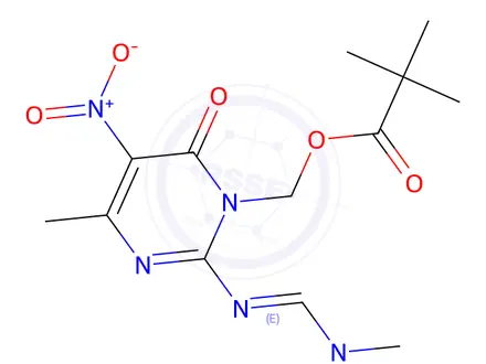 Chemical structure of 2-[(Dimethylamino)methylene]amino-3N-(pivaloyloxy)methyl-6-methyl-5-nitro-4-pyrimidinol