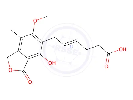 Chemical structure of (E)-6-(4-Hydroxy-6-methoxy-7-methyl-3-oxo-1,3-dihydroisobenzofuran-5-yl)hex-4-enoic Acid