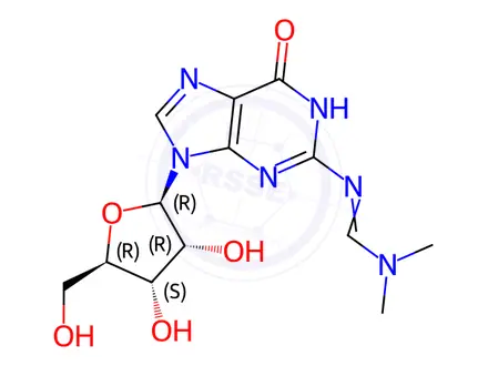 Chemical structure of (E)-N'-(9-((2R,3R,4S,5R)-3,4-Dihydroxy-5-(hydroxymethyl)tetrahydrofuran-2-yl)-6-oxo-6,9-dihydro-3H-purin-2-yl)-N,N-dimethylformimidamide