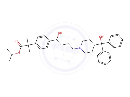 Chemical structure of isopropyl 2-(4-(1-hydroxy-4-(4-(hydroxydiphenylmethyl)piperidin-1-yl)butyl)phenyl)-2-methylpropanoate
