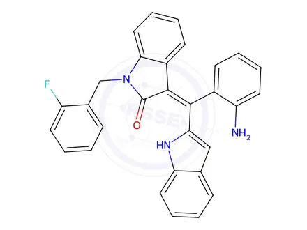 Chemical structure of (Z)-3-((2-Aminophenyl)(1H-indol-2-yl)methylene)-1-(2-fluorobenzyl)indolin-2-one