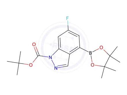 Chemical structure of tert-butyl 6-fluoro-4-(4,4,5,5-tetramethyl-1,3,2-dioxaborolan-2-yl)-1H-indazole-1-carboxylate