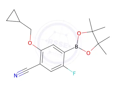 Chemical structure of 2-(Cyclopropylmethoxy)-5-fluoro-4-(4,4,5,5-tetramethyl-1,3,2-dioxaborolan-2-yl)benzonitrile