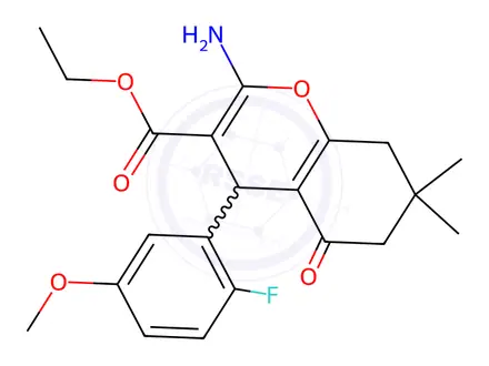 Chemical structure of Ethyl 2-amino-4-(2-fluoro-5-methoxyphenyl)-7,7-dimethyl-5-oxo-5,6,7,8-tetrahydro-4H-chromene-3-carboxylate
