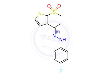Chemical structure of 4-(2-(4-Fluorophenyl)hydrazono)-2,3-dihydro-4H-thieno[2,3-b]thiopyran 1,1-dioxide