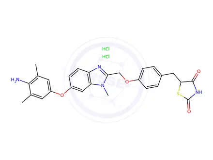 Chemical structure of 2,4-Thiazolidinedione, 5-((4-((6-(4-amino-3,5-dimethylphenoxy)-1-methyl-1H-benzimidazol-2-yl)methoxy)phenyl)methyl)-, dihydrochloride