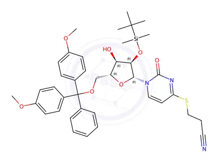 Chemical structure of 3-(1-((2R,3S,4S,5R)-5-((bis(4-Methoxyphenyl)(phenyl)Methoxy)Methyl)-3-(tert-butyldiMethylsilyloxy)-4-hydroxytetrahydrofuran-2-yl)-2-oxo-1,2-dihydropyriMidin-4-ylthio)propanenitrile