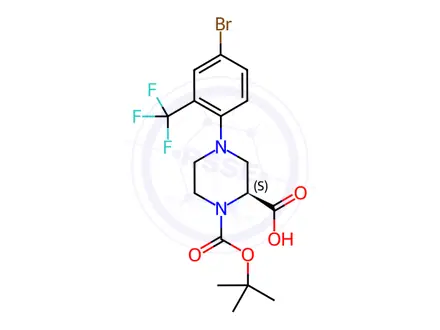 Chemical structure of (S)-4-(4-Bromo-2-(trifluoromethyl)phenyl)-1-(tert-butoxycarbonyl)piperazine-2-carboxylic acid