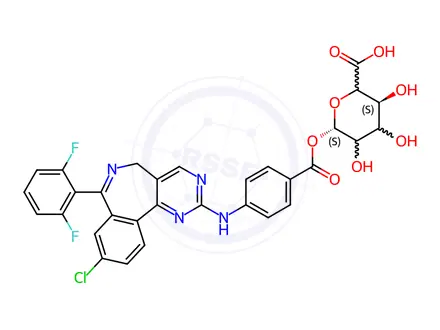 Chemical structure of (2S,3S,4S,5R,6S)-6-[4-[[9-chloro-7-(2,6-difluorophenyl)-5H-pyrimido[5,4-d][2]benzazepin-2-yl]amino]benzoyl]oxy-3,4,5-trihydroxyoxane-2-carboxylic acid