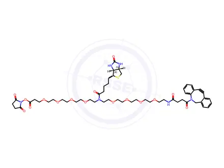 Chemical structure of 4,7,10,13,19,22,25,28-Octaoxa-16,31-diazapentatriacontanoic acid, 35-(11,12-didehydrodibenz[b,f]azocin-5(6H)-yl)-16-[5-[(3aS,4S,6aR)-hexahydro-2-oxo-1H-thieno[3,4-d]imidazol-4-yl]-1-oxopentyl]-32,35-dioxo-, 2,5-dioxo-1-pyrrolidinyl ester