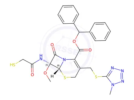 Chemical structure of benzhydryl (6R,7S)-7-(2-mercaptoacetamido)-7-methoxy-3-(((1-methyl-1H-tetrazol-5-yl)thio)methyl)-8-oxo-5-thia-1-azabicyclo[4.2.0]oct-2-ene-2-carboxylate