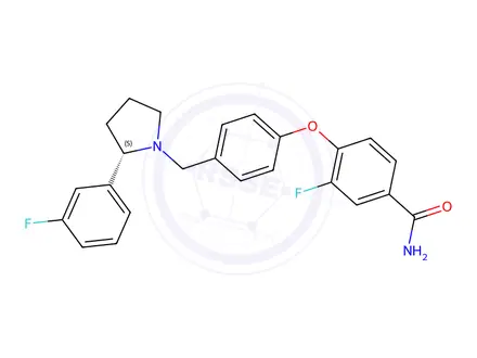 Chemical structure of (S)-3-fluoro-4-(4-((2-(3-fluorophenyl)pyrrolidin-1-yl)methyl)phenoxy)benzamide
