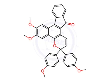 Chemical structure of 6,7-dimethoxy-3,3-bis(4-methoxyphenyl)benzo[h]indeno[2,1-f]chromen-13(3H)-one